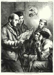 Arbetande män diskuterar "Fria söndagar för folket" (gravyr) av John (after) Gilbert