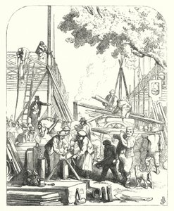 Arbetare på platsen för Crystal Palace, Hyde Park, London, plats för den stora utställningen 1851 (gravyr)