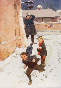Polisman träffad av snöboll (färglitografi) av John (after) Hassall