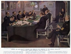 Amiral Sir David Beatty läser villkoren för vapenstilleståndet för de tyska delegaterna, förhytten HMS Queen Elizabeth, Rosyth av John (after) Lavery