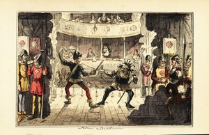 Skådespelare som spelar Henry Tudor slåss mot kung Richard III av England på scen i en teater av John (after) Leech