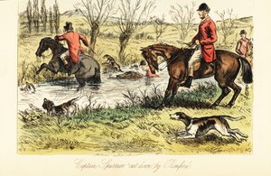 Engelsk jägare som vadar en flod med rävhundar av John (after) Leech