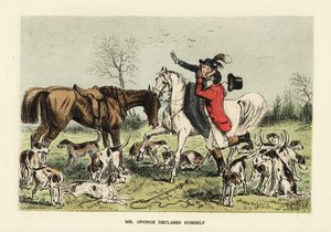 Jägare i jaktrosor som omfamnar en kvinna på en häst av John (after) Leech