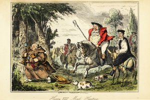 Kung Henrik VIII i viktoriansk jaktdräkt med en herdeskurk på hästryggen som jagar en katolsk munk som flyr med kyrkans guld