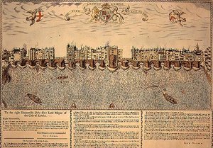 Utsikten över London Bridge från öst till väst, nytryck av en gravyr från 1624 av John (after) Norden