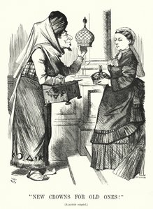 Punch cartoon: New Crowns for Old Ones. Benjamin Disraeli (som Aladdin) med drottning Victoria - lagen om kungliga titlar 1876 som erkänner drottningen som kejsarinna av Indien (gravyr)