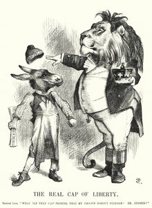 Punch-tecknad serie: The Real Cap of Liberty - Storbritanniens konstitutionella monarkis överlägsenhet över republikanismen (gravyr) av John (after) Tenniel