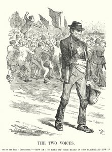 Punch-tecknad film: The Two Voices - arbetslöshet och social oro i det viktorianska Storbritannien (gravyr) av John (after) Tenniel