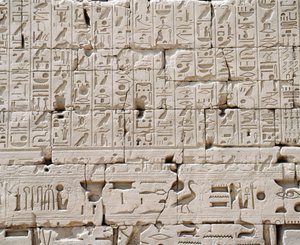 Egypten, Luxor guvernement, Karnak, Amons stora tempel, Stora hypotekshallen, detalj av yttervägg av Walter Charles Mills