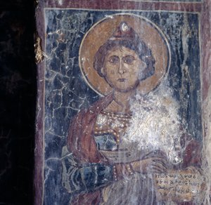 Helgonfigur, fresk i kyrkan i Kandanos, Kreta, Grekland (foto) av Walter Charles Mills