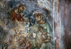 Fresco of Holy Family, Bysantine Church of Ayios Stephanos, Drakona, Kreta, Grekland (foto) av Walter Charles Mills
