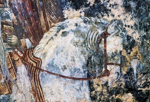 Häst, skadad fresk på taket i kyrkan Agios Vasileios, Vavouledo, Kreta, Grekland (foto) av Walter Charles Mills