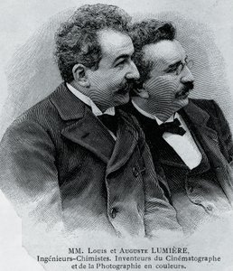 Porträtt av Auguste Marie Louis Nicolas Lumiere (1862-1954) och Louis Jean Lumiere (1864-1948), franska entreprenörer och uppfinnare av filmprojektor, gravyr från fotografi av Walter Charles Mills