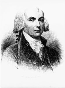 Porträtt av James Madison (1751-1836), grundare, amerikansk politiker, 4:e presidenten i USA från 1809 till 1817, och en av konstitutionens fäder, gravyr