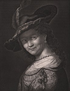 Porträtt av Saskia van Uylenburgh (1612-1642), Rembrandts hustru, gravyr av L Raab från målning av Rembrandt, från Paynes Royal Dresden Gallery, av Albert Henry Payne, H Payne Dresden och Leipzig Publisher, cirka 1840 av Walter Charles Mills