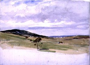 Landskap med väderkvarn och by, 1800-tal av John Absolon