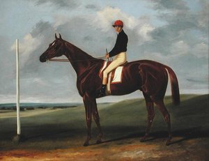 Kastanjeföl med Jockey upp och startstolpe (olja på duk)