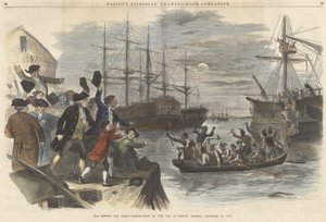 Boston Tea Party? Förstörelse av teet i Boston Harbor, 16 december 1773, från puben Ballous Pictorial Drawing-Room Companion. 1865 (färggravyr) av John Andrew
