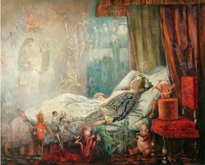 ""Le reve apres le bal masque"" (Drömmen efter maskbalen) Peinture de John Anster Fitzgerald (1832-1906), - Olja på duk, 35,5x44,5 - Privat samling av John Anster Fitzgerald