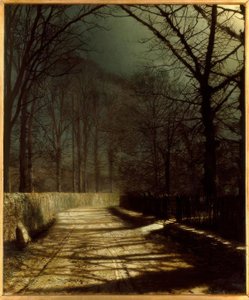 J.A.Grimshaw, månbelyst körfält med två älskare vid en grind / Gem. av John Atkinson Grimshaw