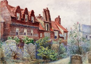 Husen på Silver Street från All Saints Churchyard, Newcastle upon Tyne, 1886, bodycolour, penna och wc på papper av John Atlantic Stephenson
