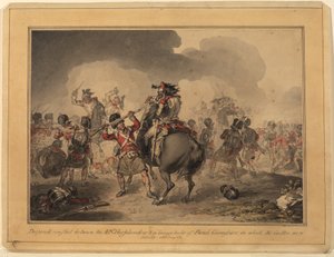 42nd Highlanders at Waterloo, 1815 (penna och bläck wc på papper) av John Augustus Atkinson