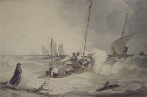 Fiskebåtar som går ut, akvarell av John Augustus Atkinson