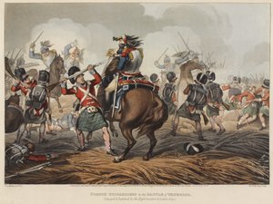 Franska kuirassiärer i slaget vid Waterloo, attackerade och besegrade av Highlanders och Scotch Greys, graverat av M. Dubourg, 1819 (färgad akvatint)