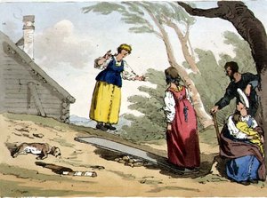 Hoppa på ett bräde, skylt 54 från volym II av "Ryssarnas seder, seder och nöjen", etsat av konstnären, pub. 1804 (akvatint) av John Augustus Atkinson