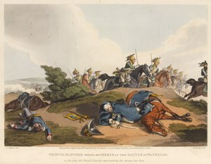 Prins Blucher under sin häst i slaget vid Waterloo, vid den tidpunkt då det franska kavalleriet gjorde attacken över honom, graverad av M. Dubourg, 1819 (färgad akvatint)