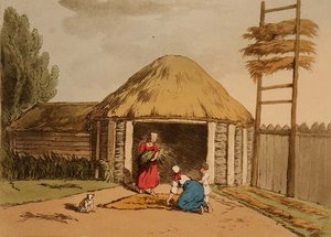 Sortering och torkning av hampa, tallrik 95 från volym III av "Ryssarnas seder, seder och nöjen", etsat av konstnären, pub. 1804 (akvatint) av John Augustus Atkinson