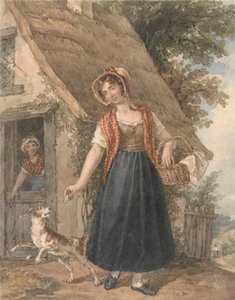 Ung kvinna med hund utanför en stugdörr av John Augustus Atkinson