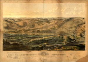 Gettysburg slagfält. Slaget utkämpades vid Gettysburg, Pa., 1:a, 2:a och 3:e juli 1863 av de federala och konfedererade arméerna, under befäl av Genl. G. G. Meade och genl. Robert E. Lee av John Bachelder