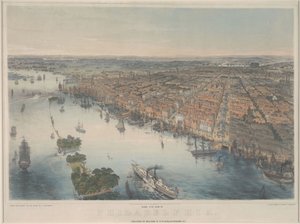 Fågelperspektiv av Philadelphia, ca 1850 (lito i färg)