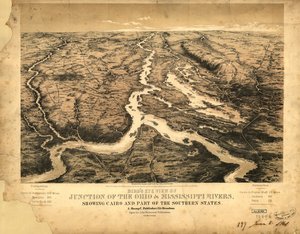 Fågelperspektiv över sammanflödet av floderna Ohio och Mississippi, med Kairo och en del av de södra delstaterna LOC 99447003