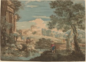 Heroiskt landskap med fiskare, kor och ryttare av John Baptist Jackson after Marco Ricci