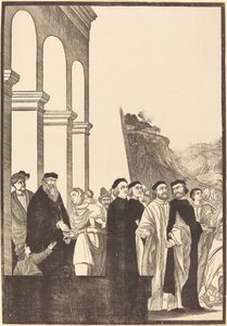 Presentation av jungfrun i templet [vänster skylt] av John Baptist Jackson after Titian