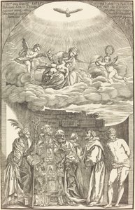 Jungfrun i molnen och sex heliga av John Baptist Jackson after Titian