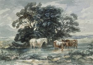 Landskap, två kor och en häst som står i vatten, (skiss) av John Barker