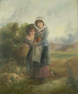 Två landflickor som bär blommor av John Barkin