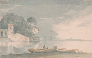Båt och figurer på stranden av en sjö