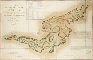 Plan över ön Bequia fastställd genom faktisk undersökning under ledning av de ärade kommissionärerna för försäljning av mark på de överlåtna öarna av John Byres Chief Surveyor 1776 av John Bayly