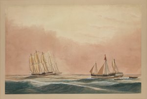 Fartyget "Futty Satam" bogseras till Mauritius av barken "Otter" och fartyget "City of Poona" 1851, ca 1851 (akvarell) av John Becket Hodgson
