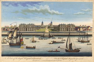 Vy över Royal Hospital i Greenwich, ca 1770 (etsning i färg) av John Bowles