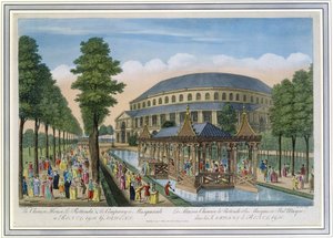 Det kinesiska huset, rotundan och företaget i Masquerade i Ranelagh Gardens (färgad akvatint)