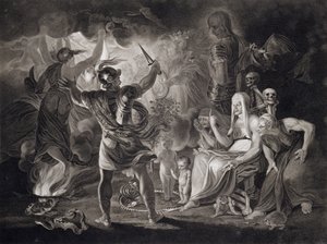 Macbeth, de tre häxorna och Hekate i akt IV, scen I i "Macbeth" av William Shakespeare (1564-1616), publicerad 1805.