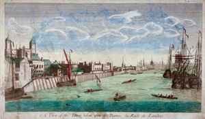 Utsikt över Tower of London med båtar på Themsen, 1751