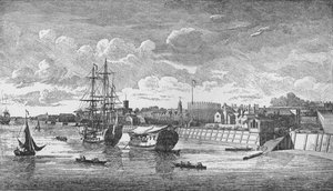 Woolwich Dockyard från Themsen, c1750, 1912. Konstnärer: Okänd, John Boydell.