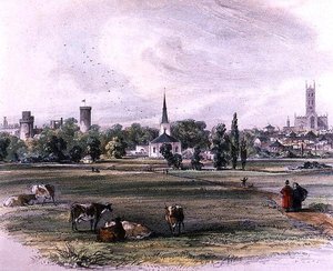 Warwick, från St Nicholas Meadow (färgpenna på papper)