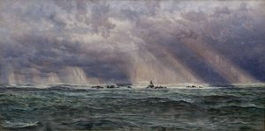 Nordvästlig kuling utanför Longships fyr av John Brett